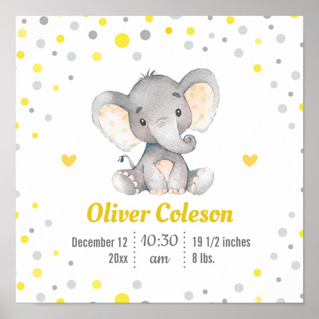 Affiche Statistiques bébé Eléphant Jaune Gris Polka Pot Nu (Devant)