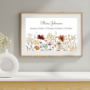 Affiche Statistiques de naissance de bébé Fleur sauvage aq