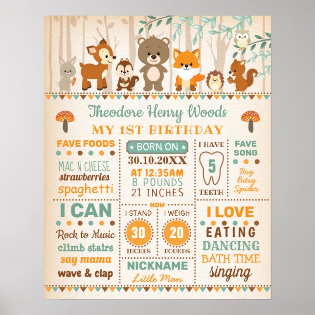 Affiche Statistiques de naissance en bois garçon 1er anniv (Devant)