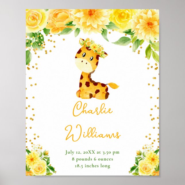Affiche Statistiques de naissance Fleur Jaune Girafe (Devant)
