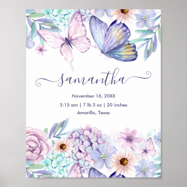 Affiche Statistiques de naissance florales papillon fille  (Devant)