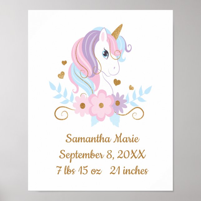 Affiche Statistiques de naissance Licorne Rose Bleu Or, Fé (Devant)