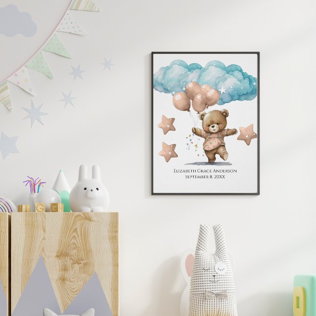 Affiche Statistiques de naissance Ours bébé rose Nuage Art (Créateur téléchargé)