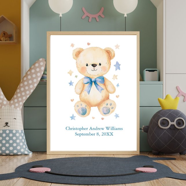Affiche Statistiques de naissance Ours en peluche Nœud pap (Teddy Bear with Blue Boys Nursery Wall art print. Personalized with name and birthday birth stats)