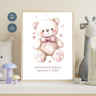 Affiche Statistiques de naissance Ourson rose pour bébé fi