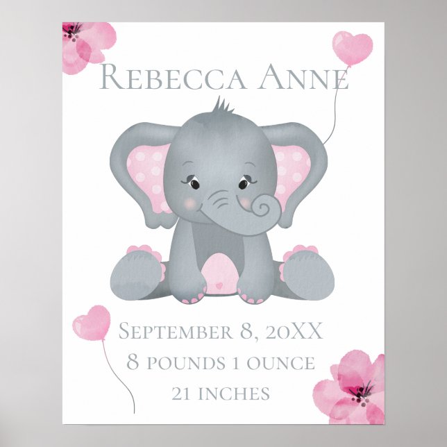 Affiche Statistiques de naissance personnalisées Éléphant  (Devant)