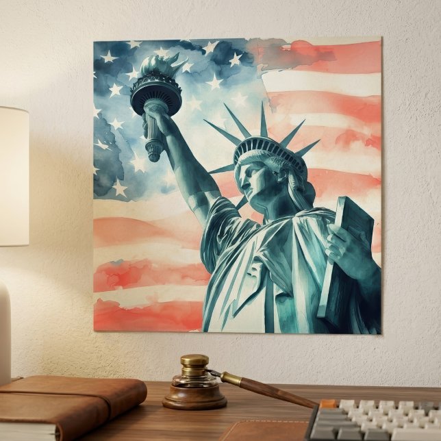 Affiche Statue de la Liberté à l'aquarelle avec drapeau am (Watercolor Statue of Liberty with American flag. Poster)