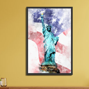 Affiche Statue de la Liberté avec aquarelle de drapeau
