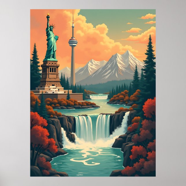 Affiche Statue de la Liberté et paysage de la Tour CN (Devant)