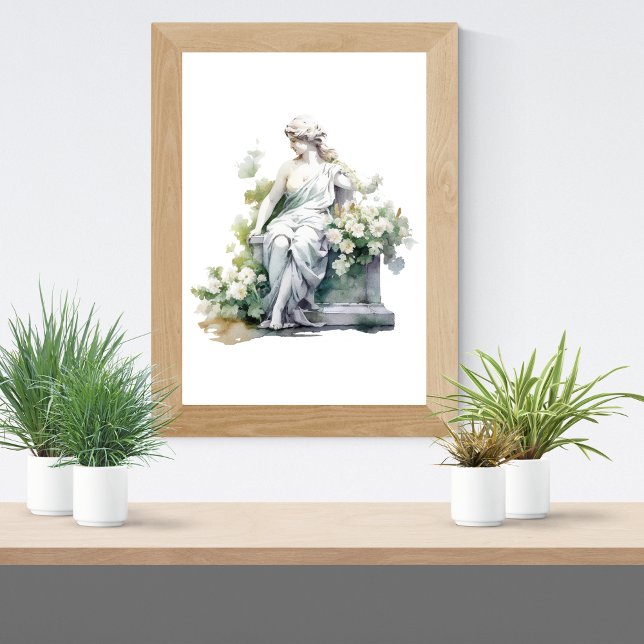 Affiche Statue des femmes dans le jardin Aquarelle blanc F (Female Goddess Statue in Garden White Floral Watercolor Print)