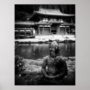 Affiche Statue devant le temple bouddhiste, Oahu B&W