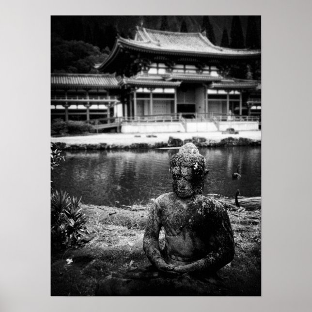 Affiche Statue devant le temple bouddhiste, Oahu B&W (Devant)