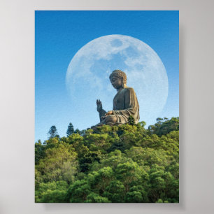 Affiche Statue du Bouddha avec Pleine lune