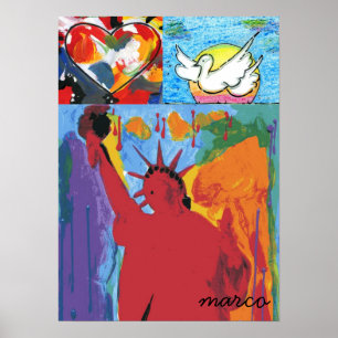 Affiche Statue moderne de la liberté Aquarelle coeur rouge