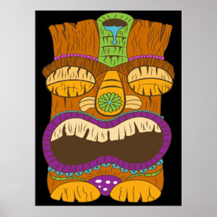 Affiche Statue Tiki en bois avec bouche ouverte, Noir drôl
