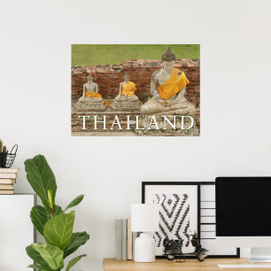 Affiche Statues de Bouddhas assis Ayutthaya, Thaïlande