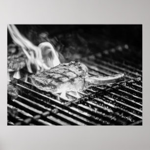 Affiche Steak grillé Tomahawk sur grill barbecue flamboyan