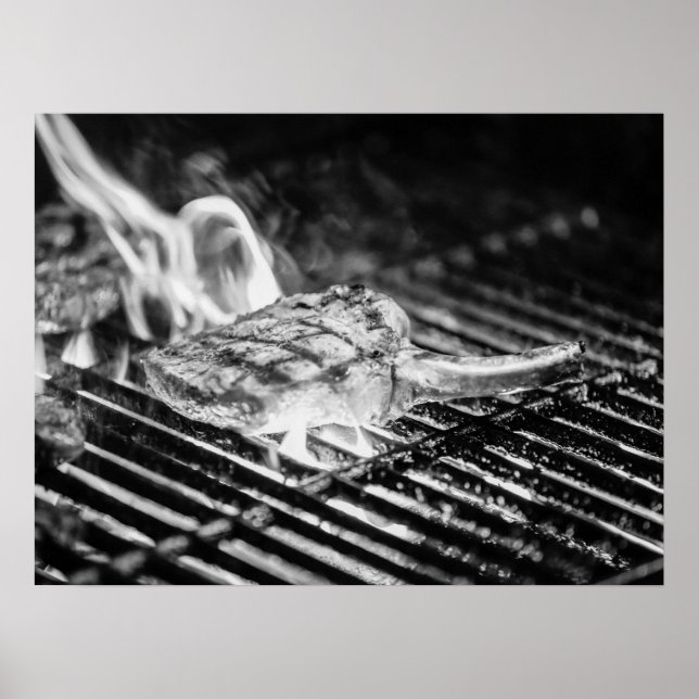 Affiche Steak grillé Tomahawk sur grill barbecue flamboyan (Devant)