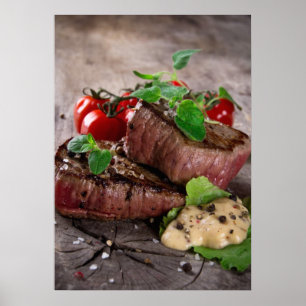 Affiche Steaks grillés au barbecue avec herbes fraîches et