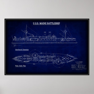 Affiche Steam Battleship USS MAINE Blueprint 1894
