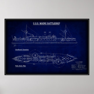 Affiche Steam Battleship USS MAINE Blueprint 1894