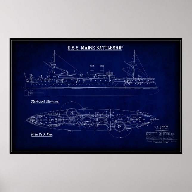 Affiche Steam Battleship USS MAINE Blueprint 1894 (Devant)