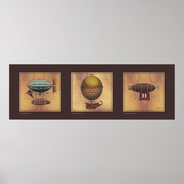Affiche Steampunk Airship Trio of Imaginaire Dirigibles (Devant)