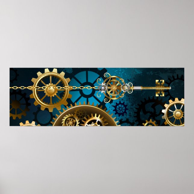 Affiche Steampunk Arrière - plan turquoise avec Gears (Devant)