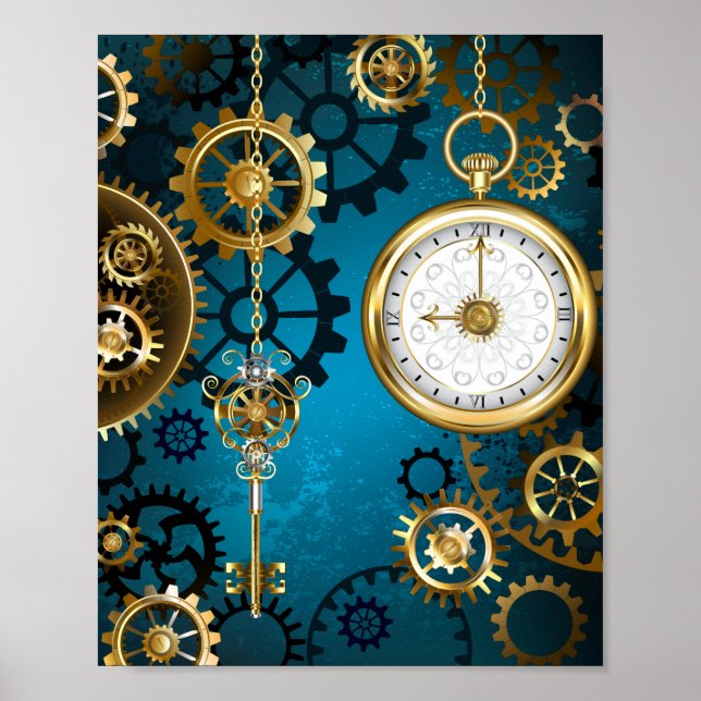 Affiche Steampunk Arrière - plan turquoise avec Gears (Devant)