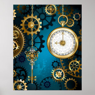 Affiche Steampunk Arrière - plan turquoise avec Gears