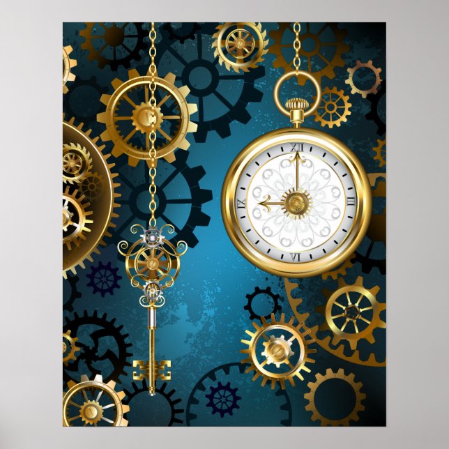 Affiche Steampunk Arrière - plan turquoise avec Gears (Devant)