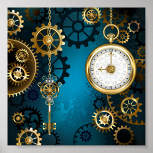 Affiche Steampunk Arrière - plan turquoise avec Gears