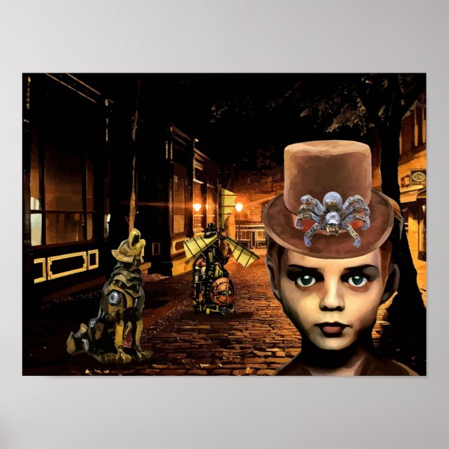 Affiche Steampunk Boy Et Robot Dog Original Scifi Imaginai (Devant)