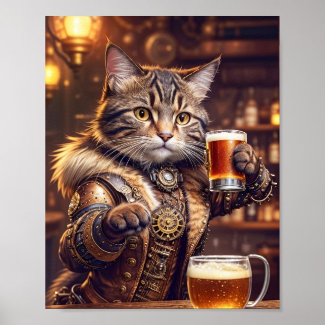 Affiche Steampunk chat boire de la bière dans un pub - (Devant)