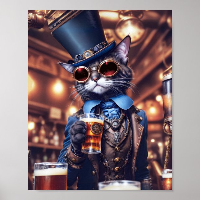 Affiche Steampunk chat gris avec chapeau, lunettes, bière  (Devant)