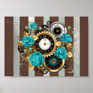 Affiche Steampunk Clock and Turquoise Roses on Striped