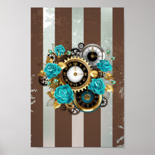 Affiche Steampunk Clock and Turquoise Roses on Striped