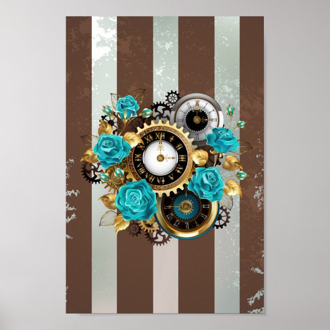 Affiche Steampunk Clock and Turquoise Roses on Striped (Devant)