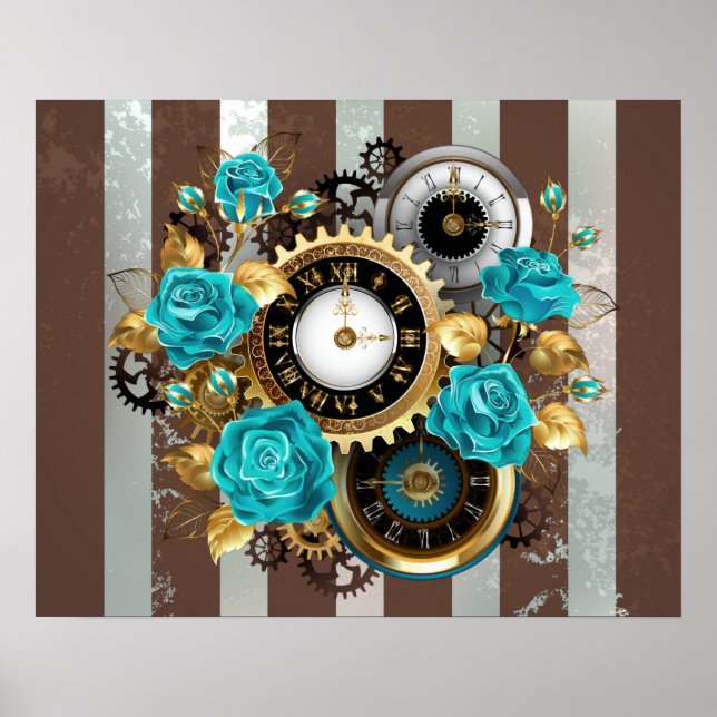 Affiche Steampunk Clock and Turquoise Roses on Striped (Devant)