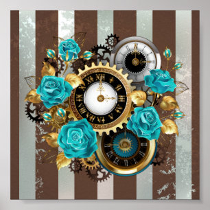 Affiche Steampunk Clock and Turquoise Roses on Striped