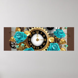 Affiche Steampunk Clock and Turquoise Roses on Striped