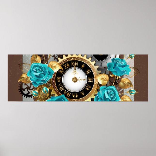 Affiche Steampunk Clock and Turquoise Roses on Striped (Devant)