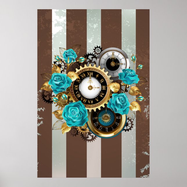 Affiche Steampunk Clock and Turquoise Roses on Striped (Devant)