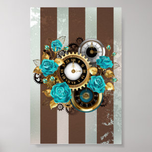 Affiche Steampunk Clock and Turquoise Roses on Striped