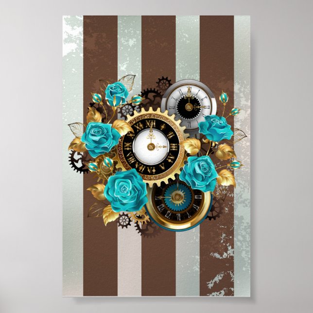 Affiche Steampunk Clock and Turquoise Roses on Striped (Devant)