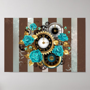 Affiche Steampunk Clock and Turquoise Roses on Striped
