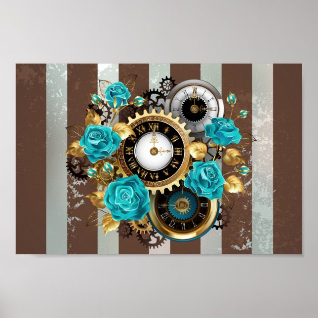 Affiche Steampunk Clock and Turquoise Roses on Striped (Devant)