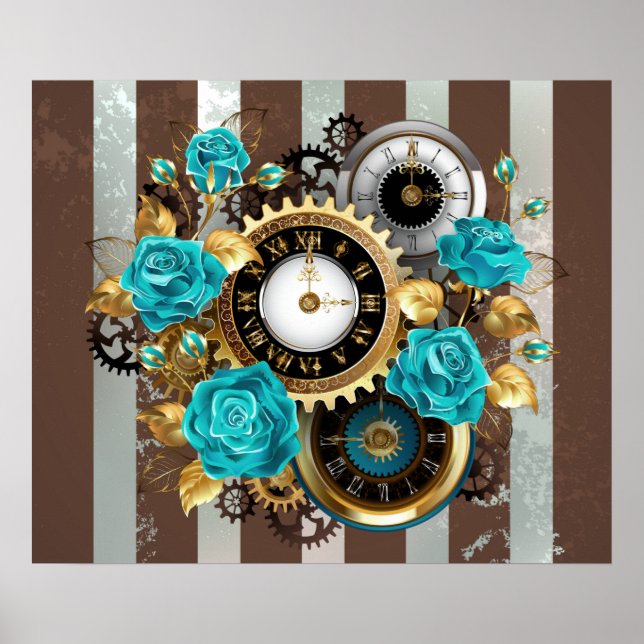 Affiche Steampunk Clock and Turquoise Roses on Striped (Devant)