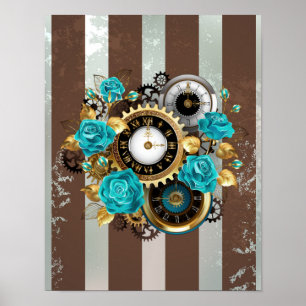 Affiche Steampunk Clock and Turquoise Roses on Striped