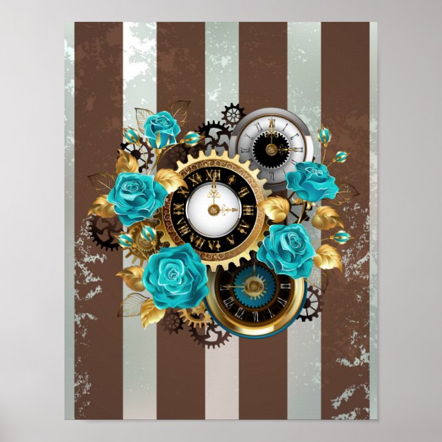Affiche Steampunk Clock and Turquoise Roses on Striped (Devant)